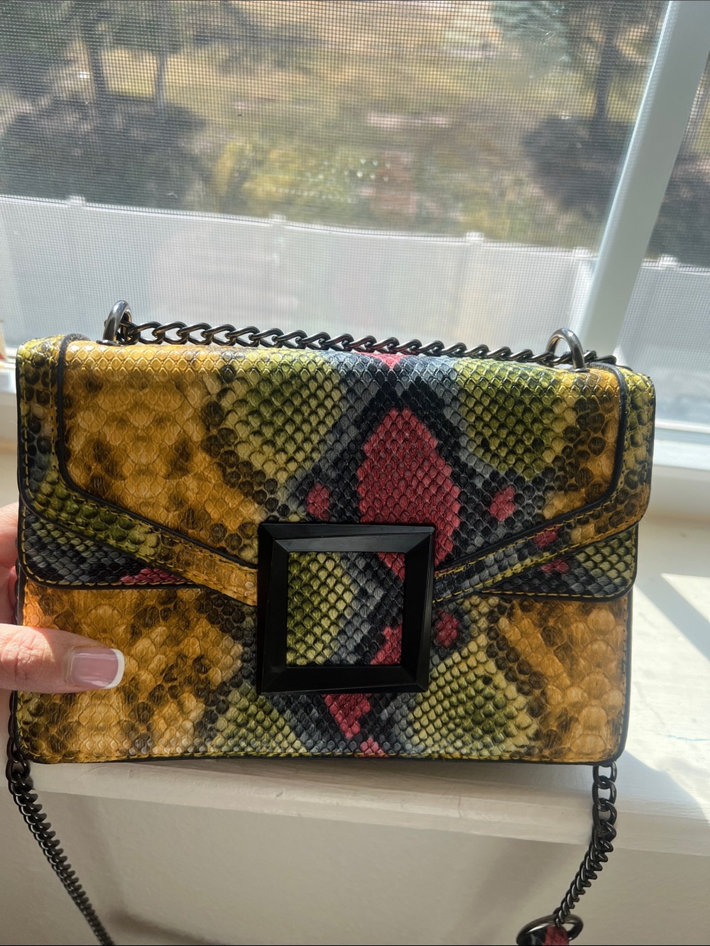Multicolor Python Snakeskin Print Chain Crossbody Shoulder Bag